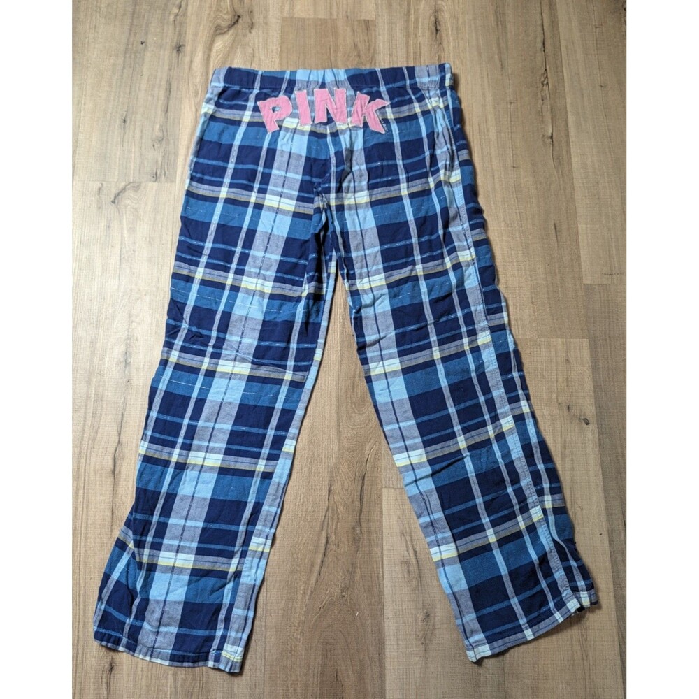 VTG VS PINK Y2K Plaid Flannel Pajama Pants Size S Metallic Glitter Rear Spellout